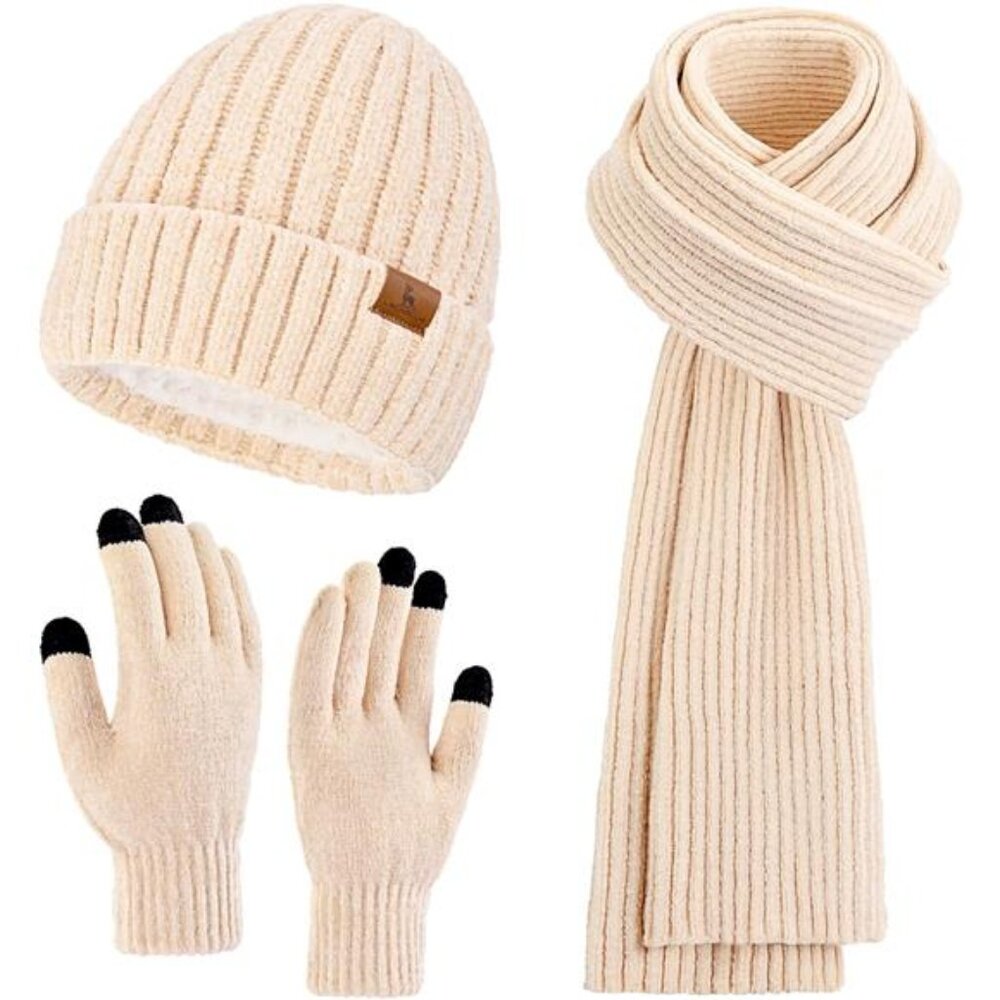 Womens Winter Beanie Hat Scarf Touchscreen Gloves Set Knit Warm Skull Caps Long